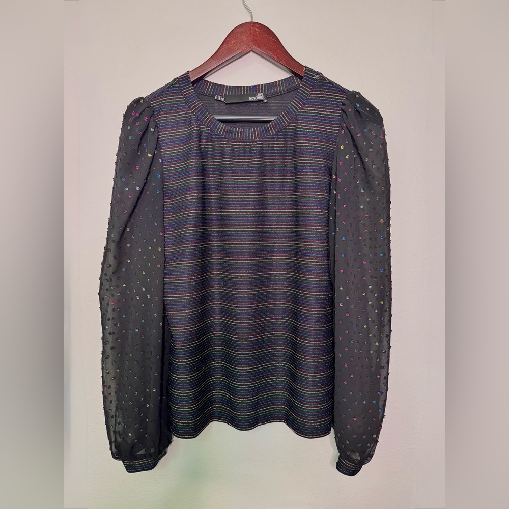 Love Moschino Metallic Rainbow Stripe Top Sheer Puff Sleeve Size 6